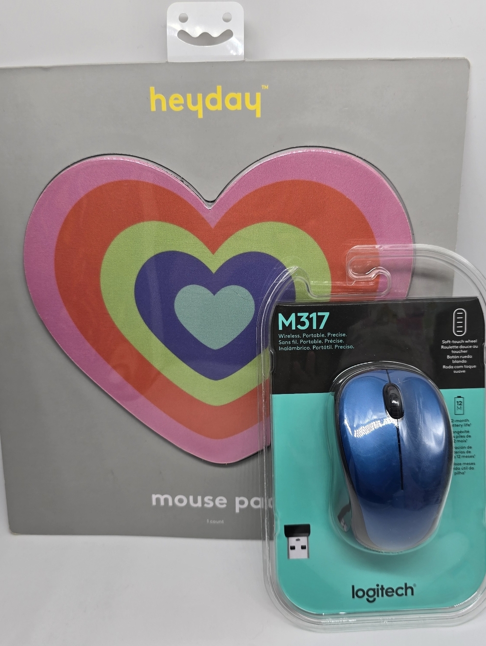 Logitech M317 Wireless Blue Mouse and Heyday Heart Mouse Pad